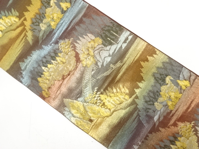 JAPANESE KIMONO / ANTIQUE FUKURO OBI / SILK / WOVEN BRIDGE & SCENERY